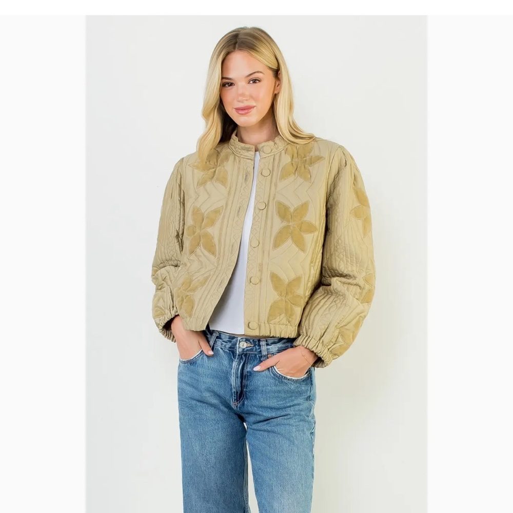 THML Neutral Floral Quilted Crop Jacket - Beige